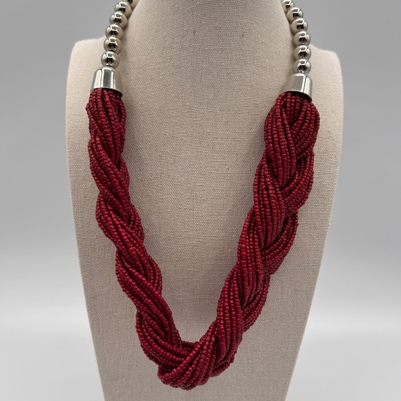 Jewelry - Chunky Red Braided Seed Bead Statement Necklace Silver Tone Ball Bead Accent